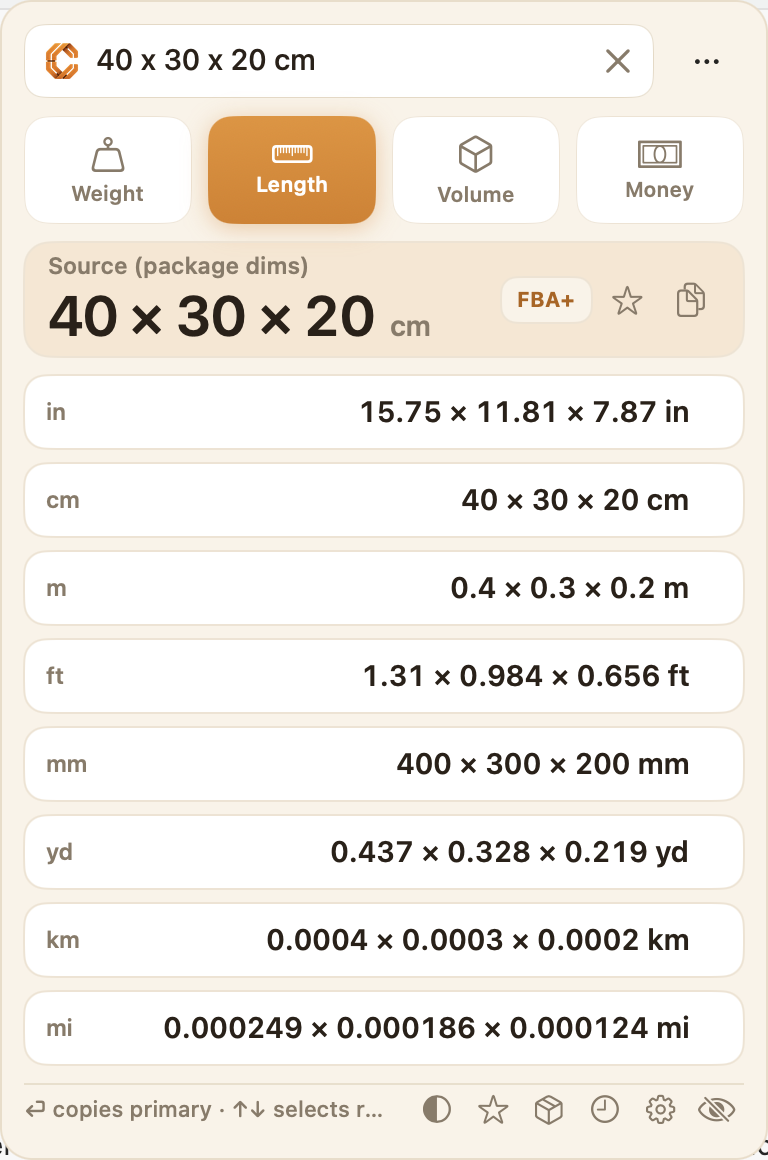 Calqr converting 40 x 30 x 20 cm package dimensions into inches and feet