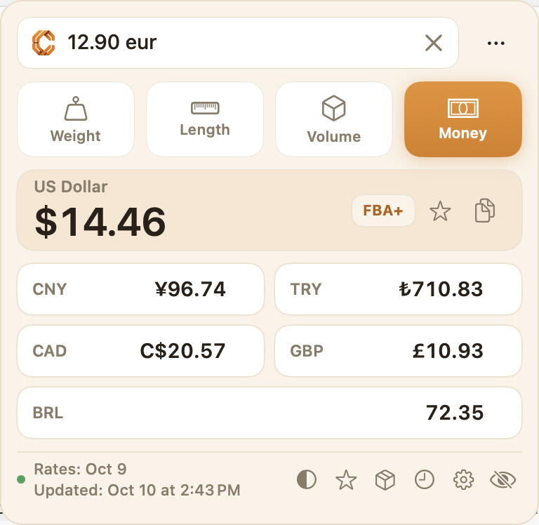 Calqr converting 12.90 euros into US dollars, pounds and other currencies